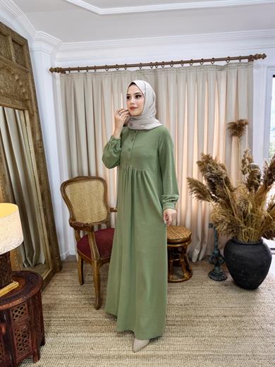 Yeşil Yarım Pat Düğmeli Örme Elbise 8064