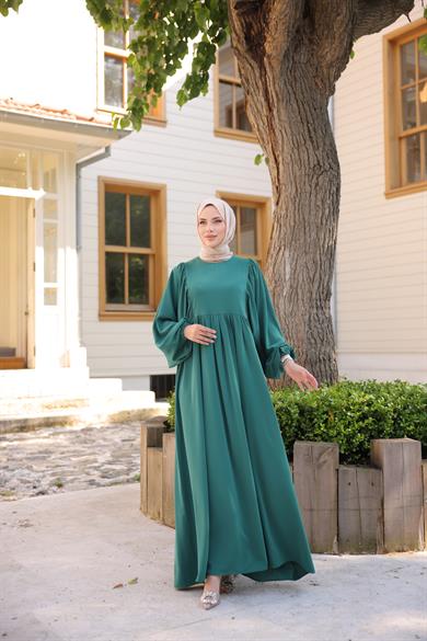 Zümrüt Yeşili Balon Kollu Oversize Elbise Nsr 5096
