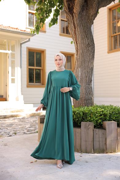 Zümrüt Yeşili Balon Kollu Oversize Elbise Nsr 5096