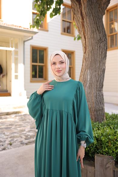 Zümrüt Yeşili Balon Kollu Oversize Elbise Nsr 5096