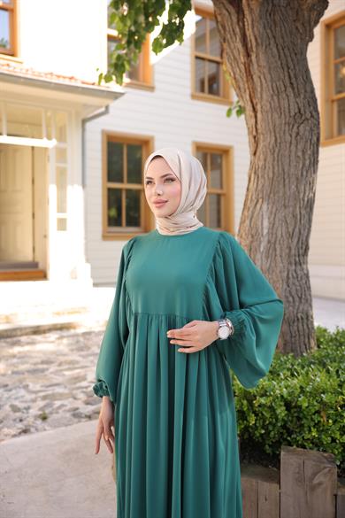 Zümrüt Yeşili Balon Kollu Oversize Elbise Nsr 5096