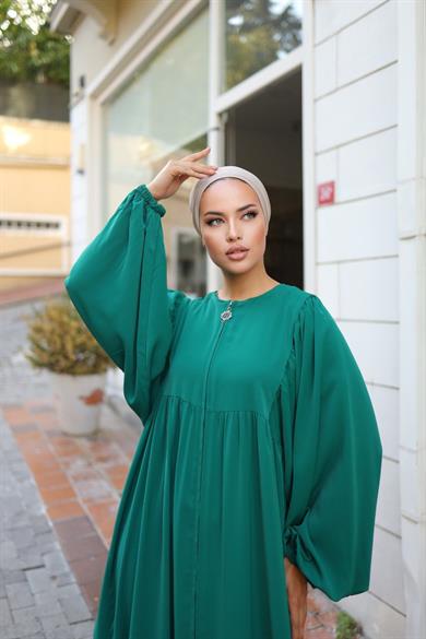 Zümrüt Yeşili Balon Kollu Oversize Ferace 5031