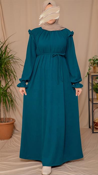 Zümrüt Yeşili Omuzdan Fırfırlı Elbise 5128
