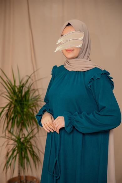 Zümrüt Yeşili Omuzdan Fırfırlı Elbise 5128