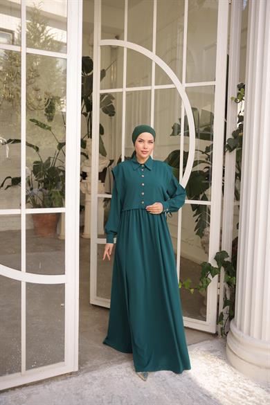 Zümrüt Yeşili Önlüklü Medine İpeği Elbise 5065