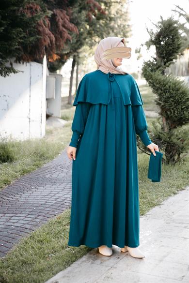 Zümrüt Yeşili Pelerinli Elbise 5108