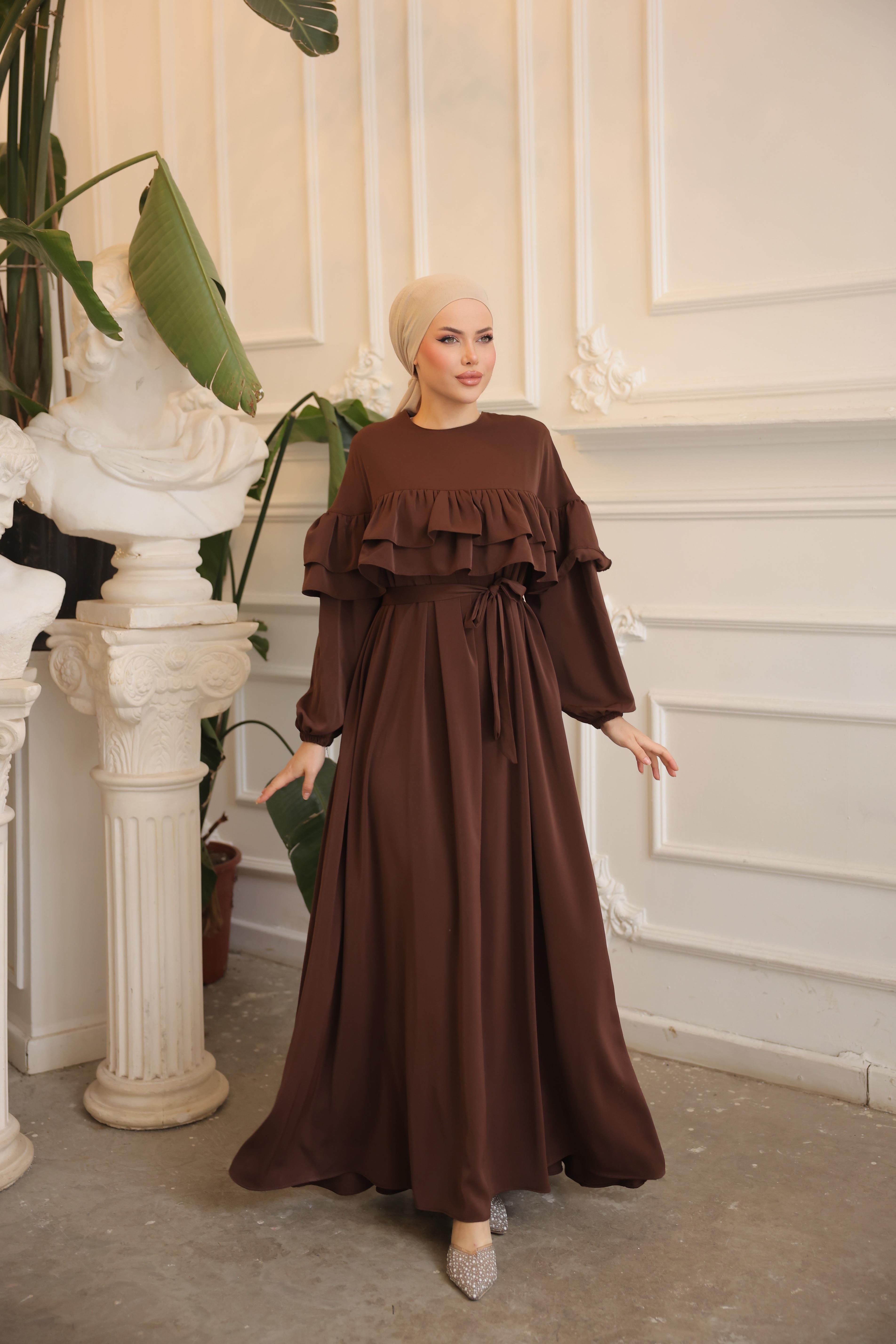 Acı Kahve Çift Fırfırlı Elbise 5068