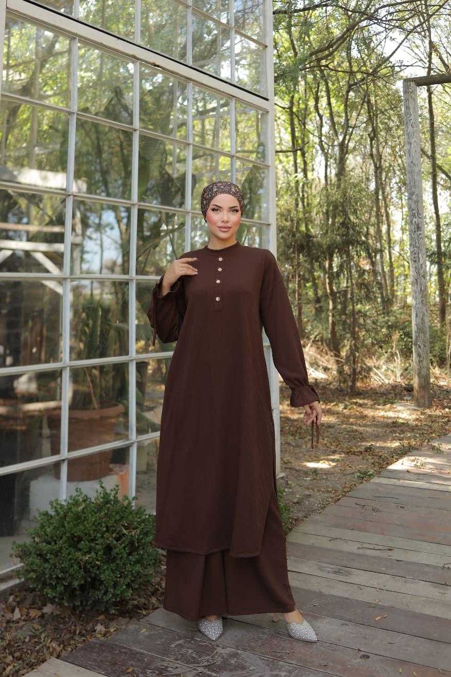 Acı Kahve Düğme Detaylı Örme Pantolon Takım 6020