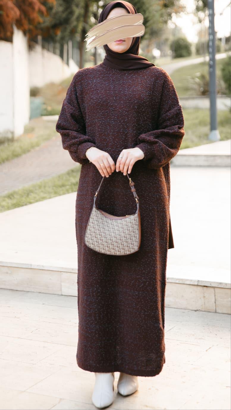 Acı Kahve Oversize Tasarım Triko Elbise