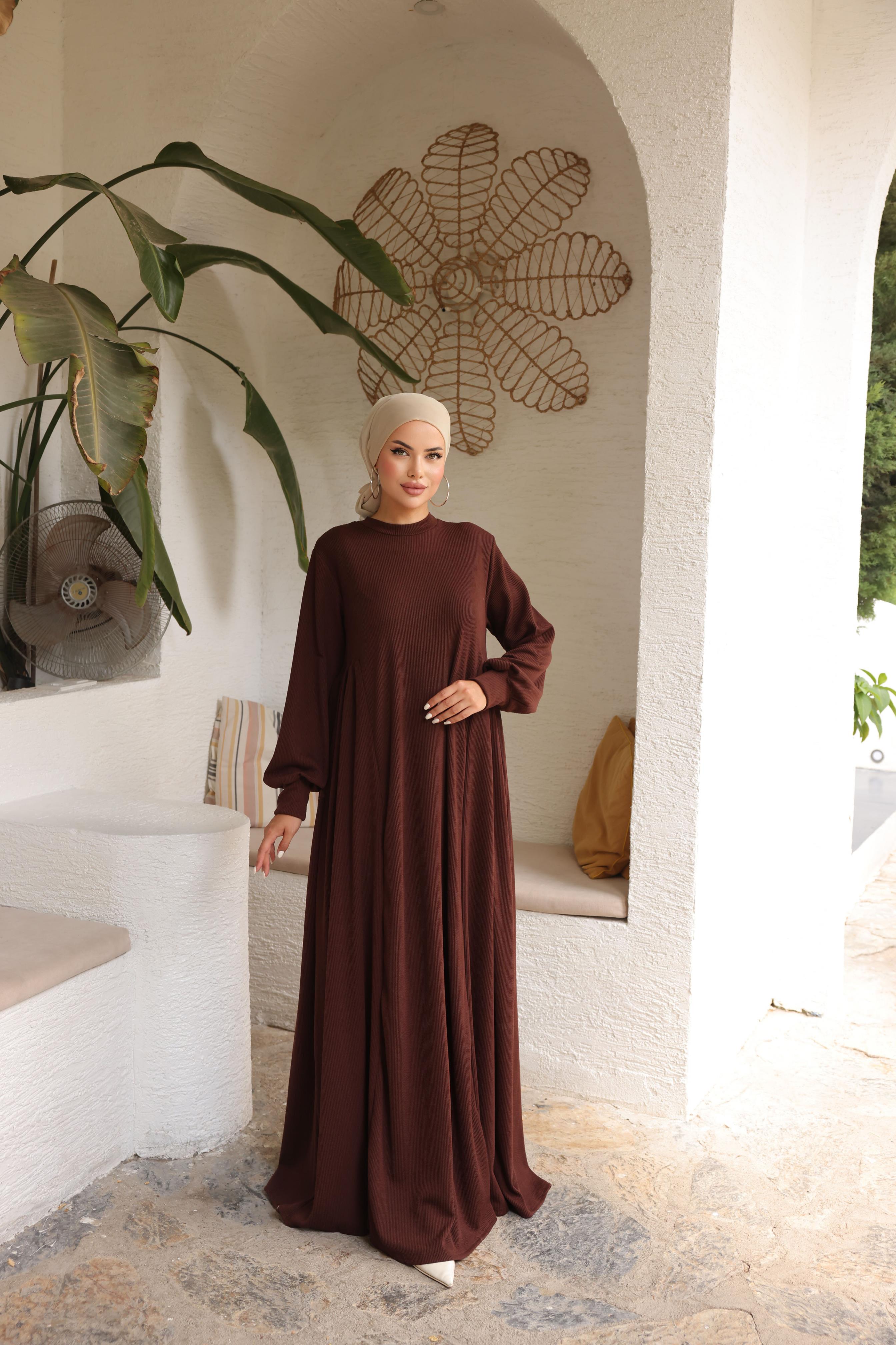 Acı Kahve Yandan Büzgülü Örme Elbise 8063