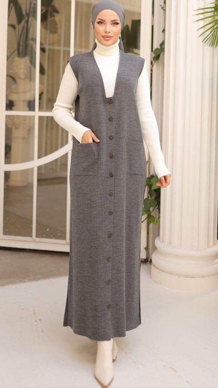 Antrasit Düğmeli Ve Cepli Uzun Yelek 18201