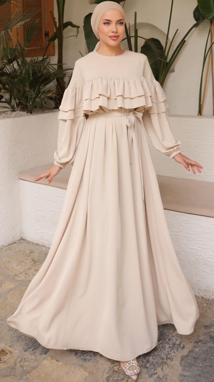 Bej Çift Fırfırlı Elbise 5068