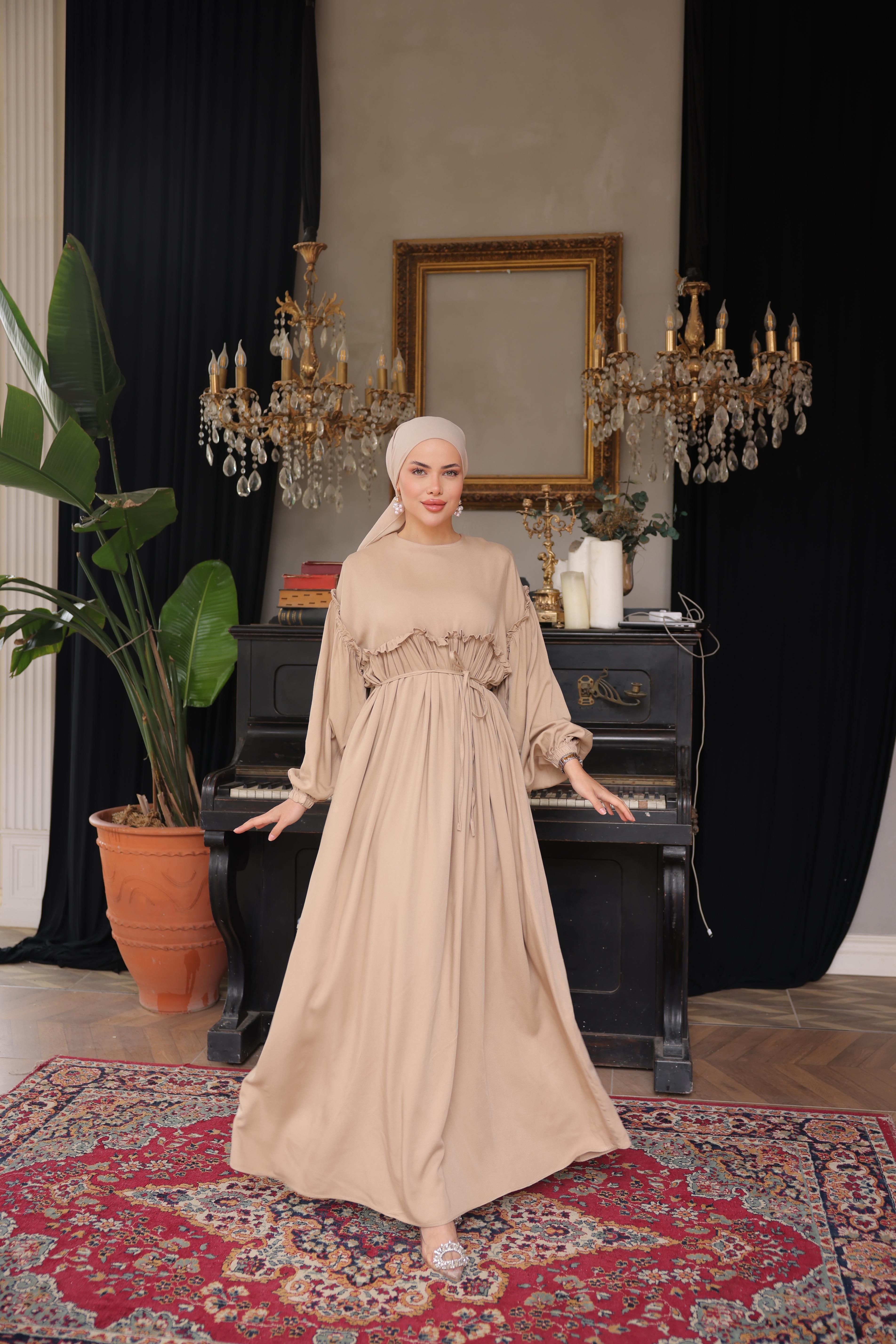 Bej Robalı Büzgülü Oversize Elbise 5093