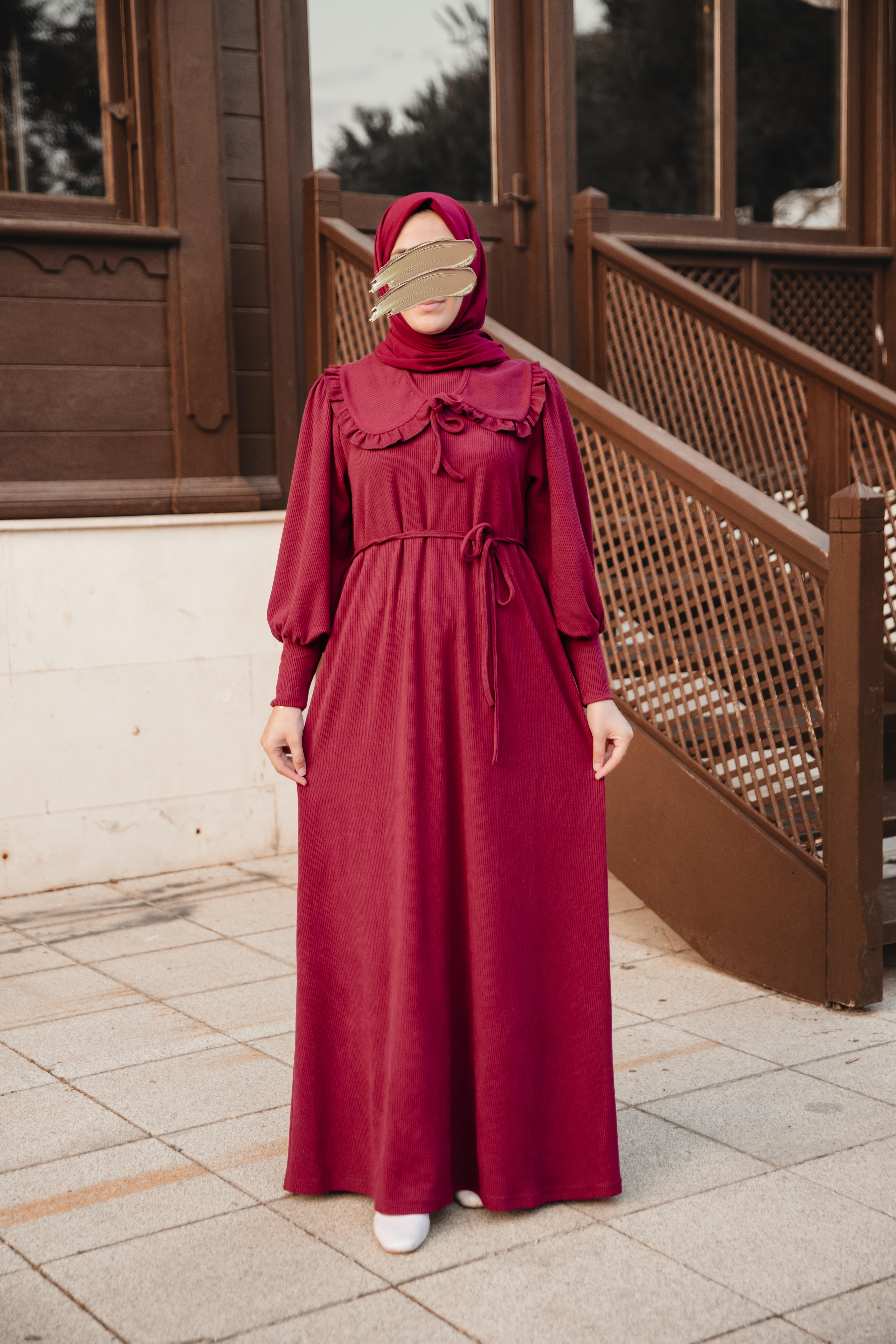 Bordo Bebe Yakalı Elbise Nsr 5106