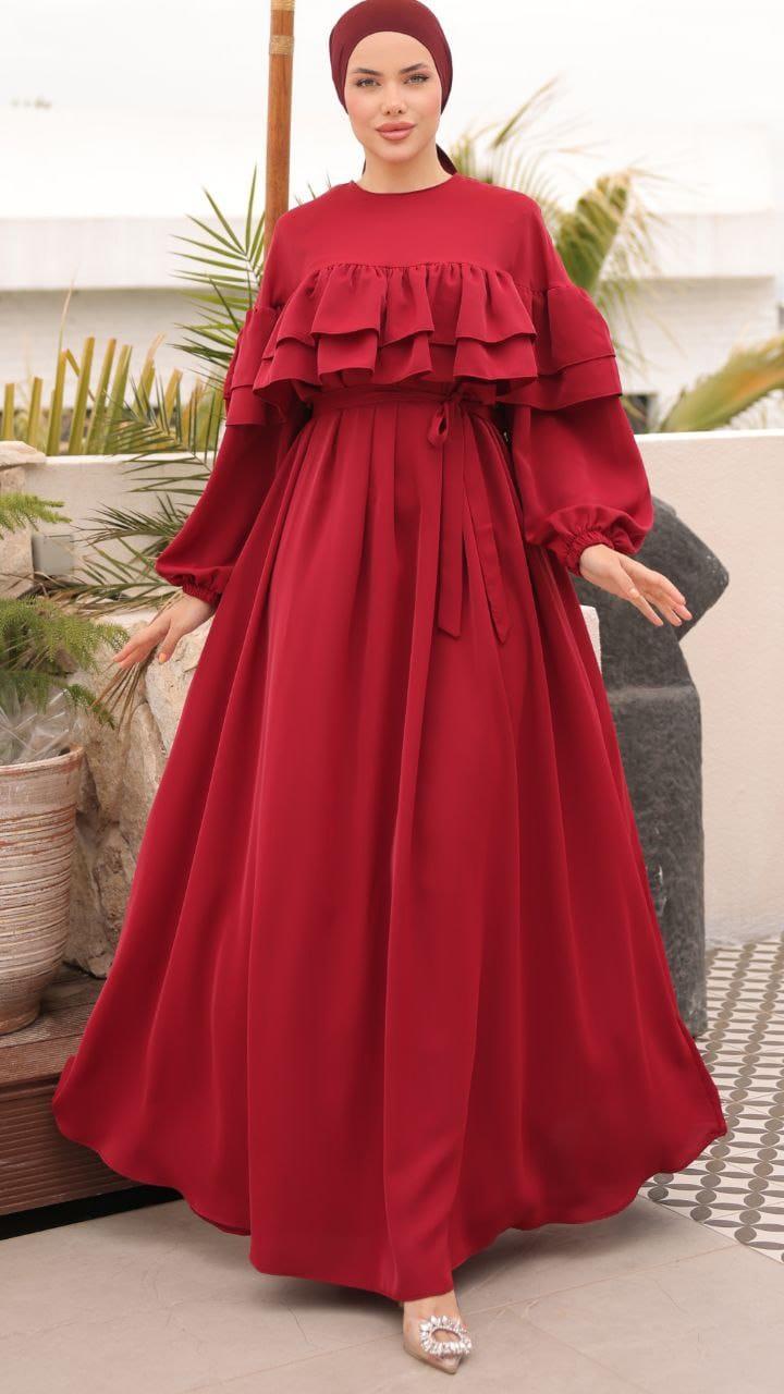 Bordo Çift Fırfırlı Elbise 5068