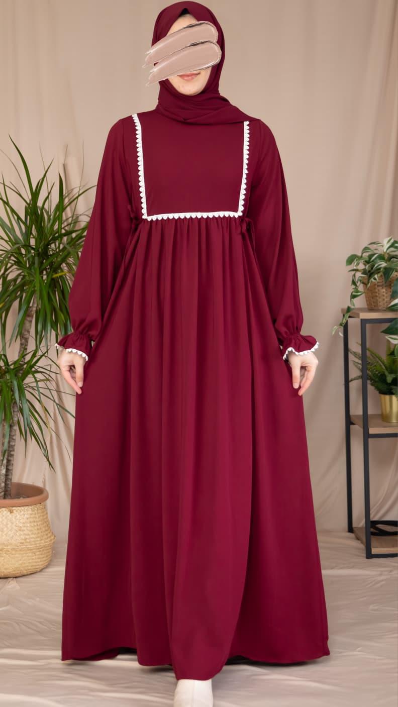 Bordo Dantel Detaylı Elbise 5126