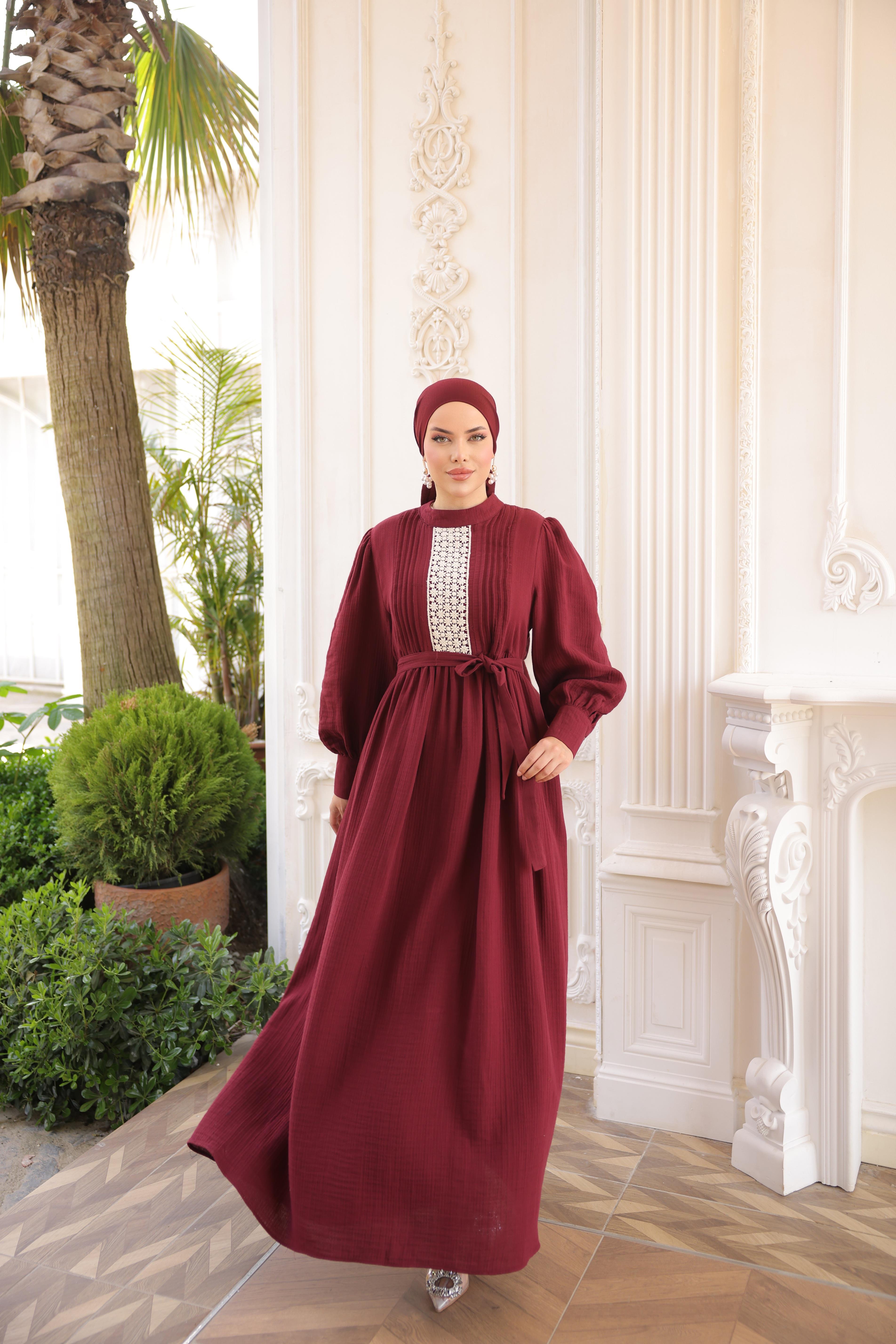 Bordo Dantel ve Nervürlü Elbise 5087
