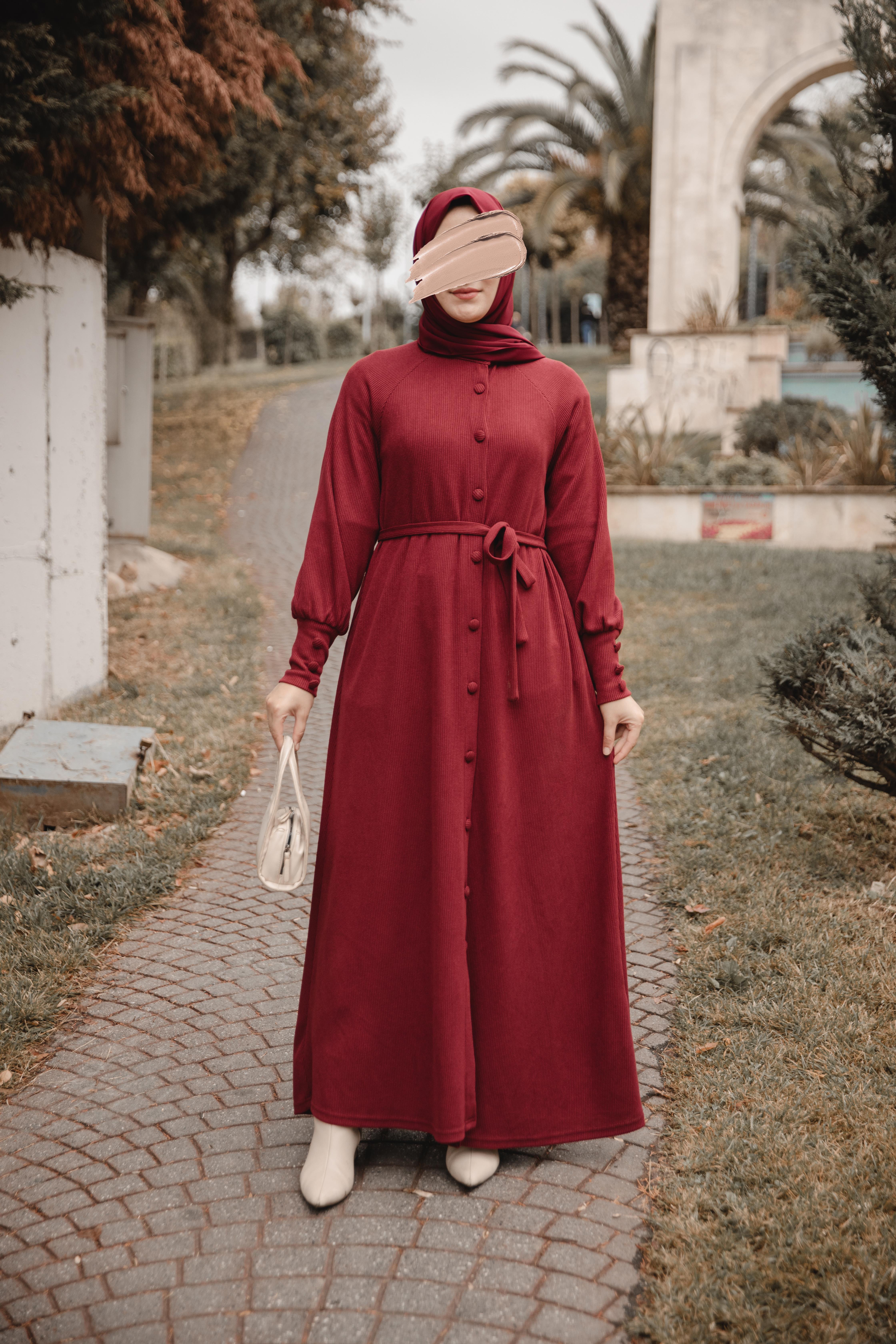 Bordo Kaplama düğmeli Elbise Nsr 5107