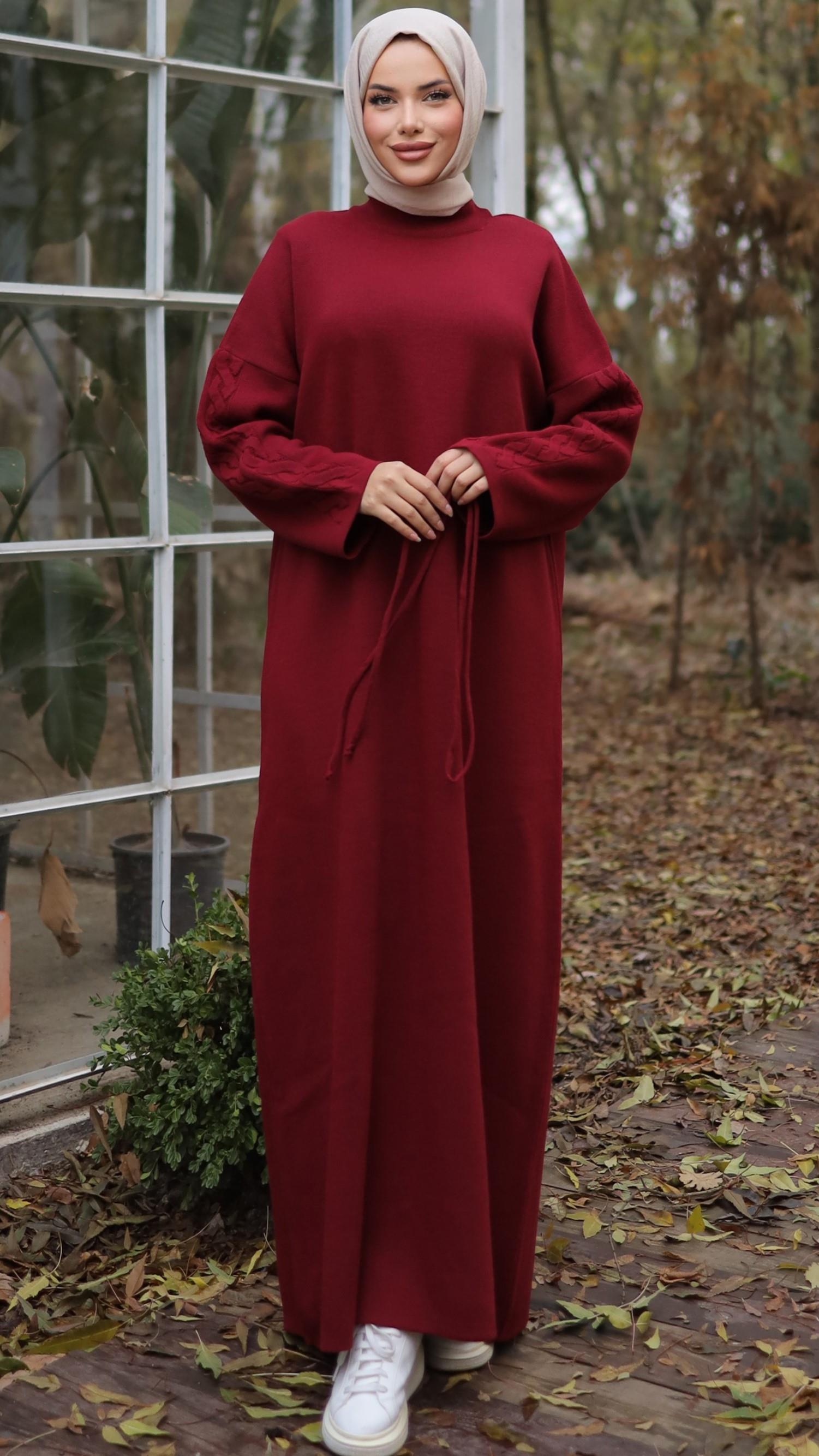 Bordo Kolu Saç Örgülü Elbise 18206