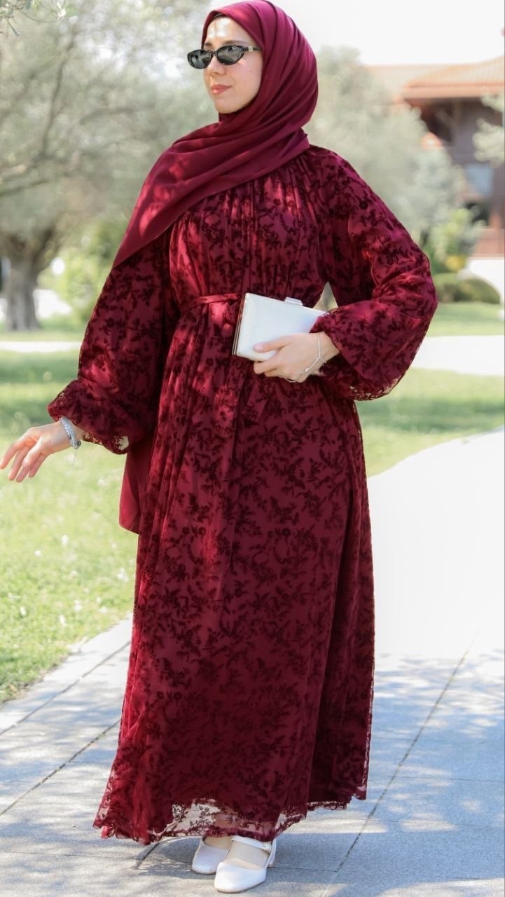 Bordo LY26 4030 REGLAN KOL FLOK BASKILI ELBİSE