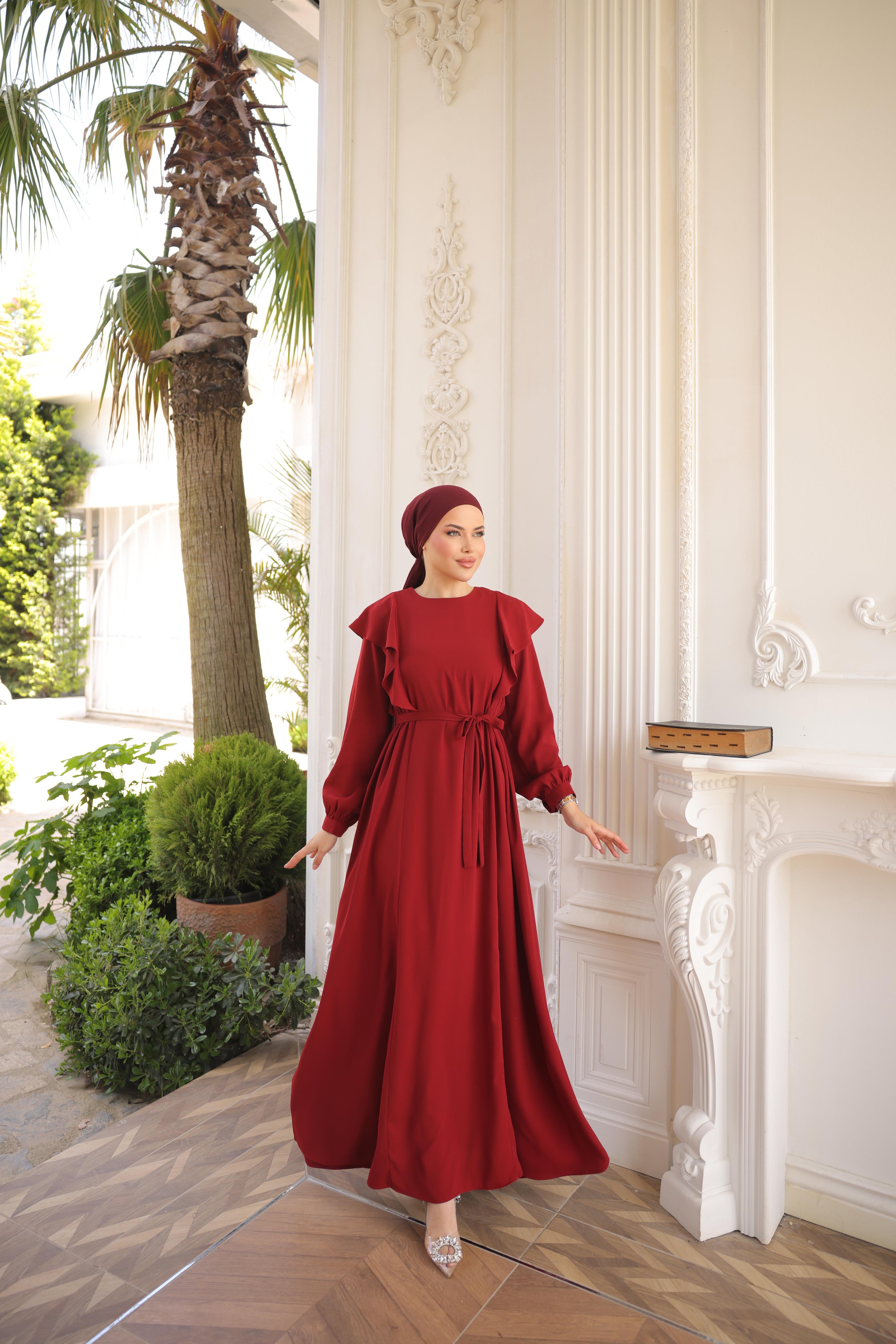 Bordo Omuz Volanlı Tesettür Elbise 5090
