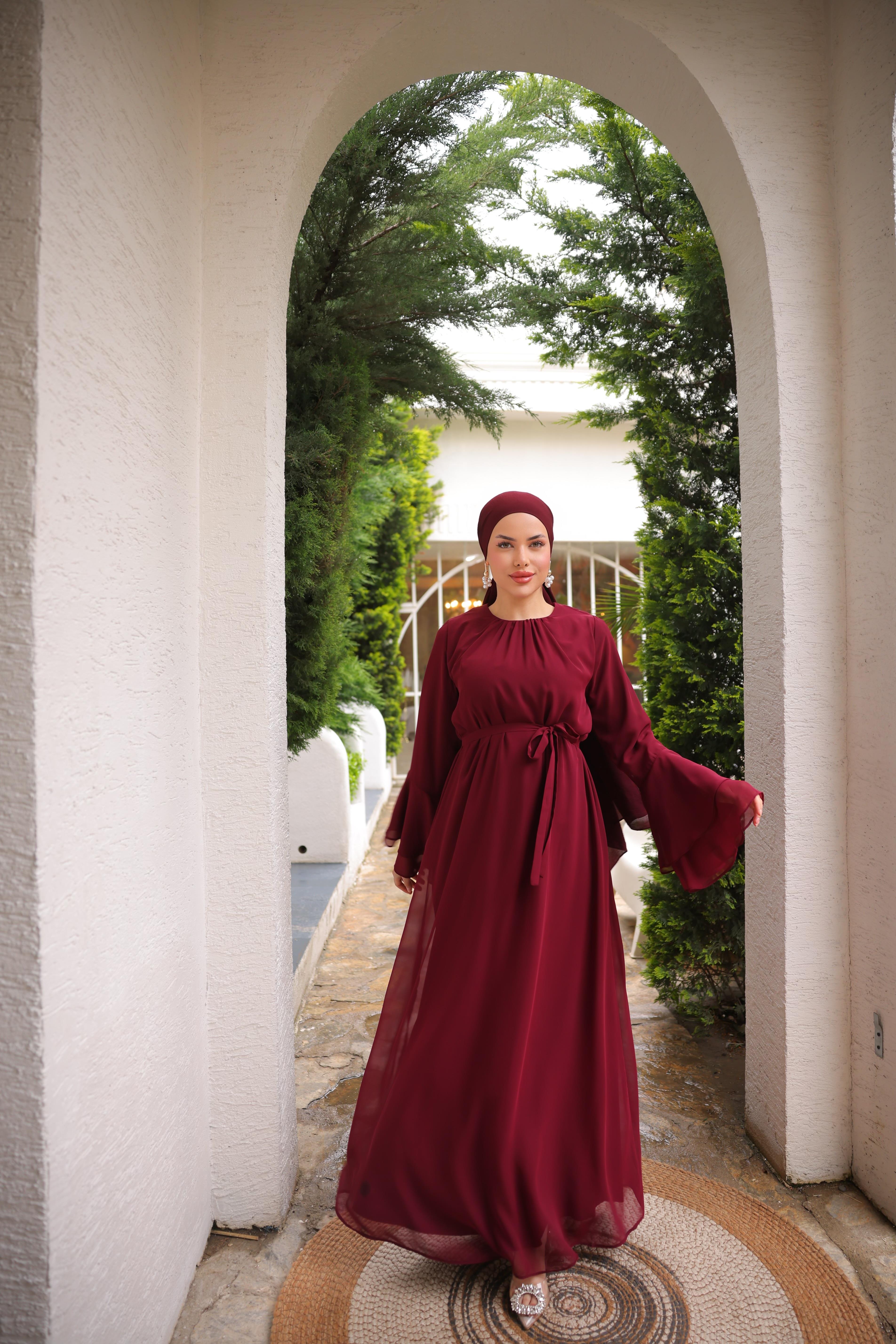 Bordo Şifon Elbise 5088