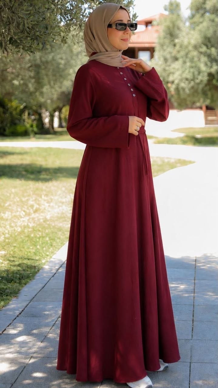 Bordo Yarım Pat Arkadan Bağlamalı Elbise 5158