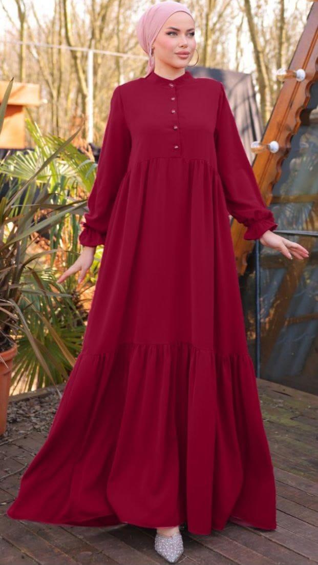 Bordo Yarım Patlı 3 Katlı Tesettür Elbise 5078