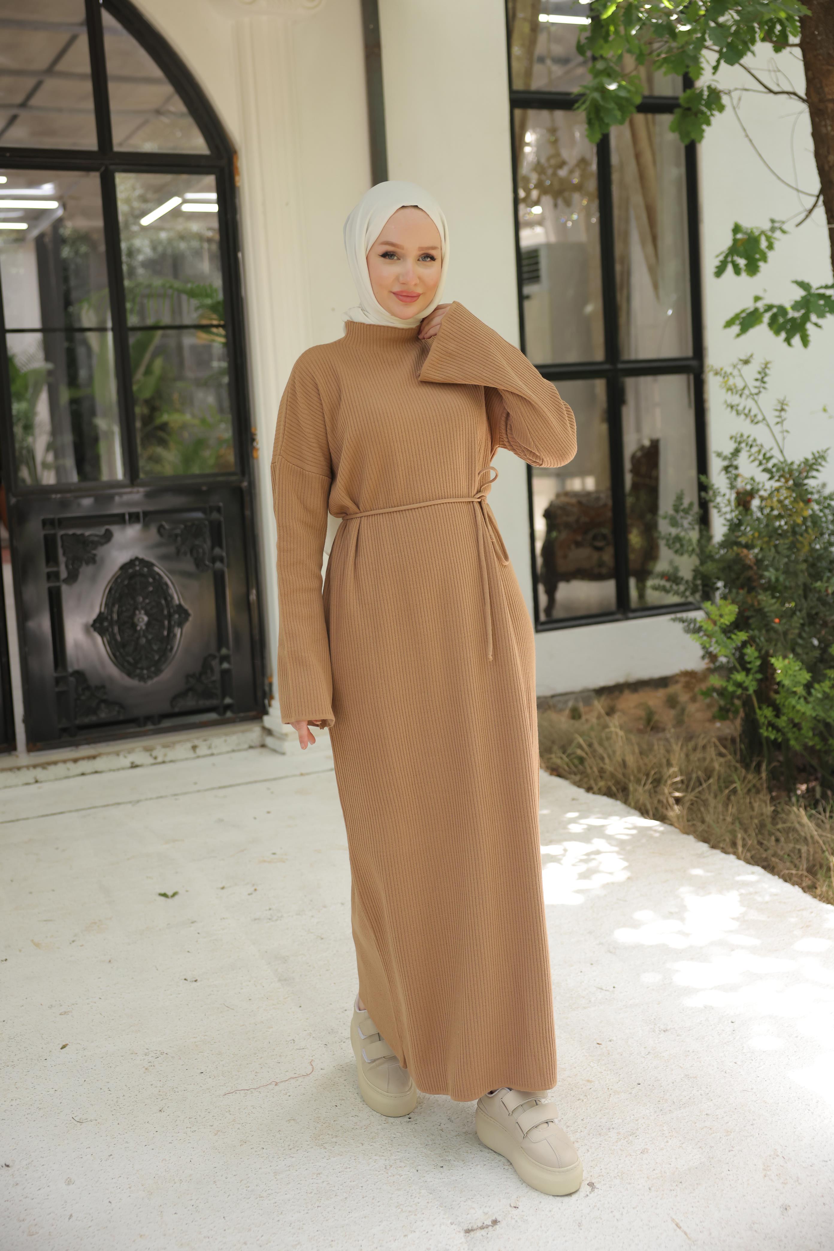 Camel İp Kuşaklı Rahat Kesim Triko Elbise 7019