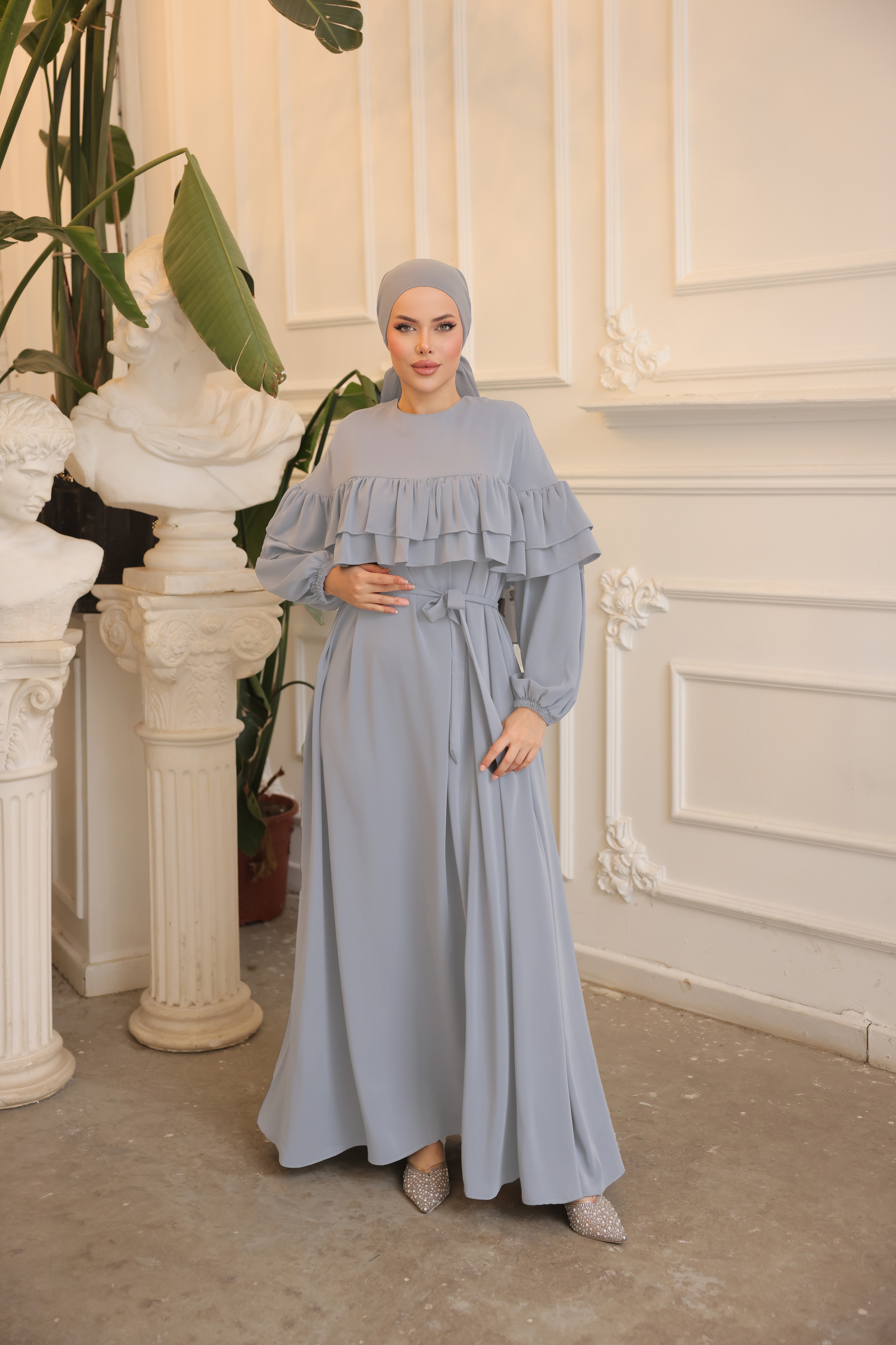 Gri Çift Fırfırlı Elbise 5068