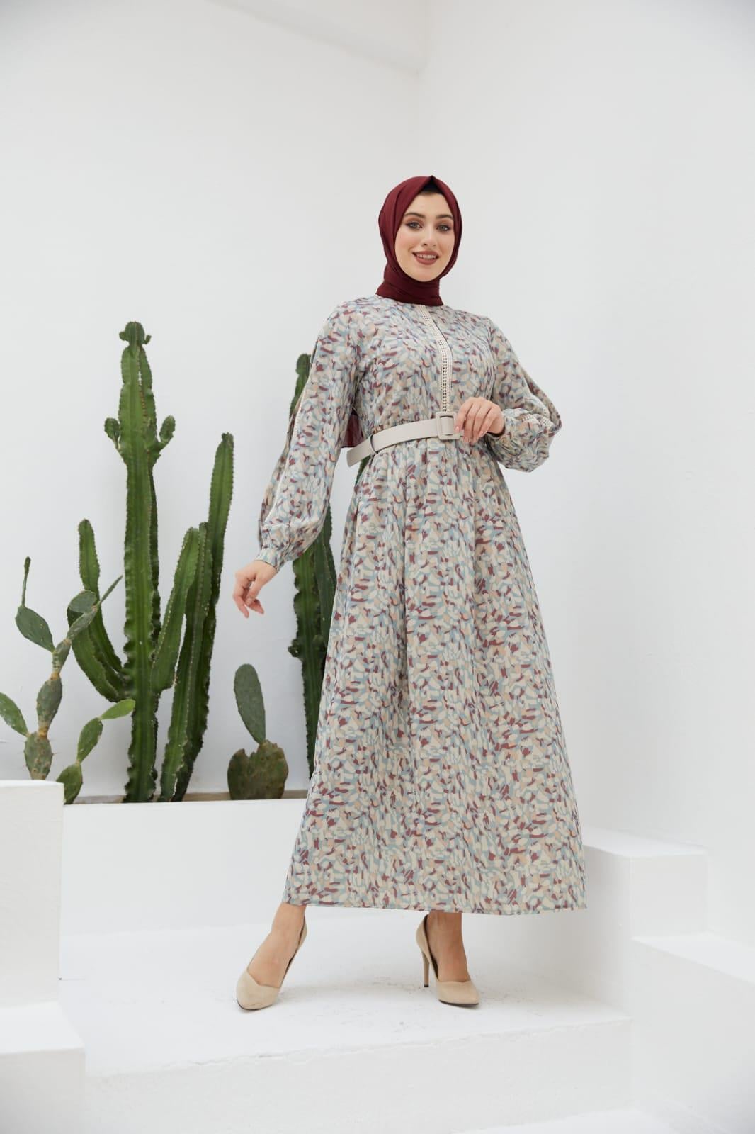 Gri Dokuma Kol Detaylı Uzun Tesettür Elbise Fdl1409