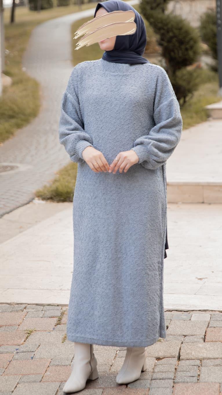 Gri Oversize Tasarım Triko Elbise