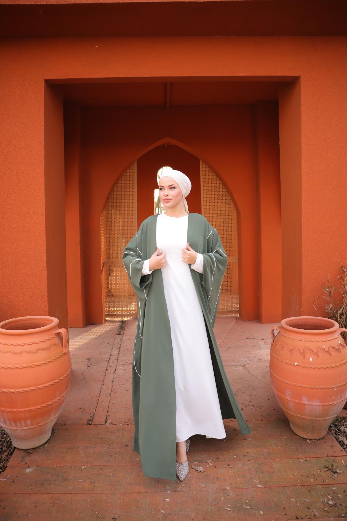 Haki Biyeli Abaya Takım Nsr5081