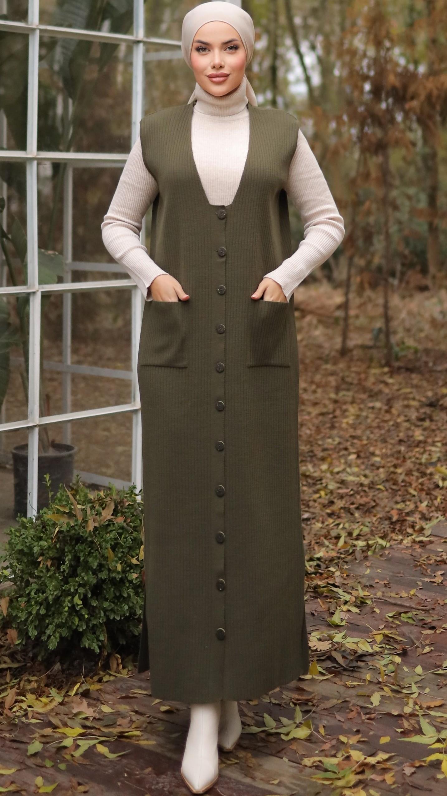 Haki Düğmeli Ve Cepli Uzun Yelek 18201