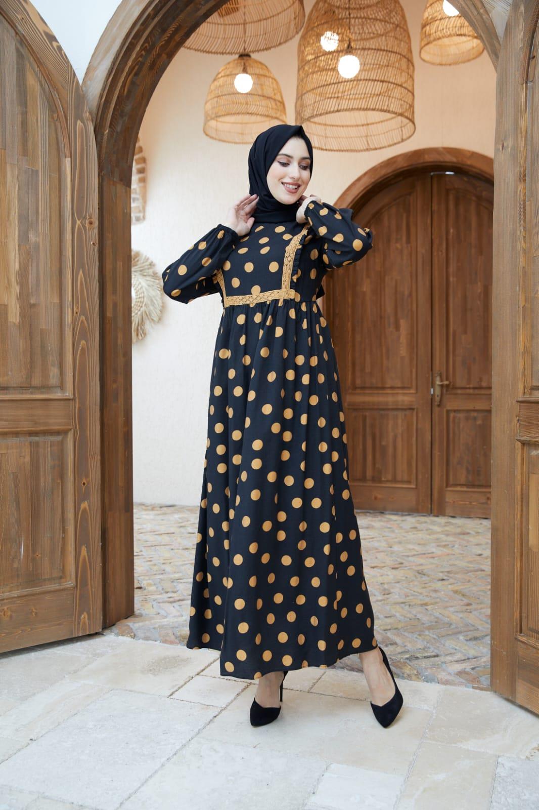 Hardal Puantiyeli Keten Uzun Tesettür Elbise Fdl1405