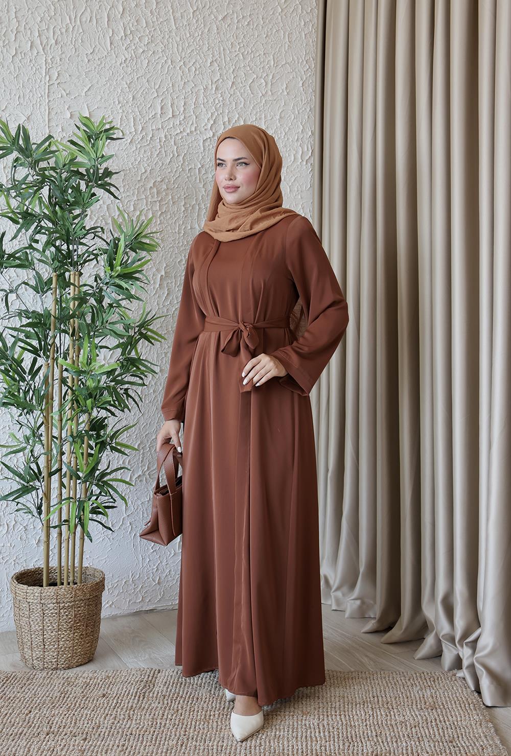 Kahverengi Abaya Görünümlü Elbise 5040