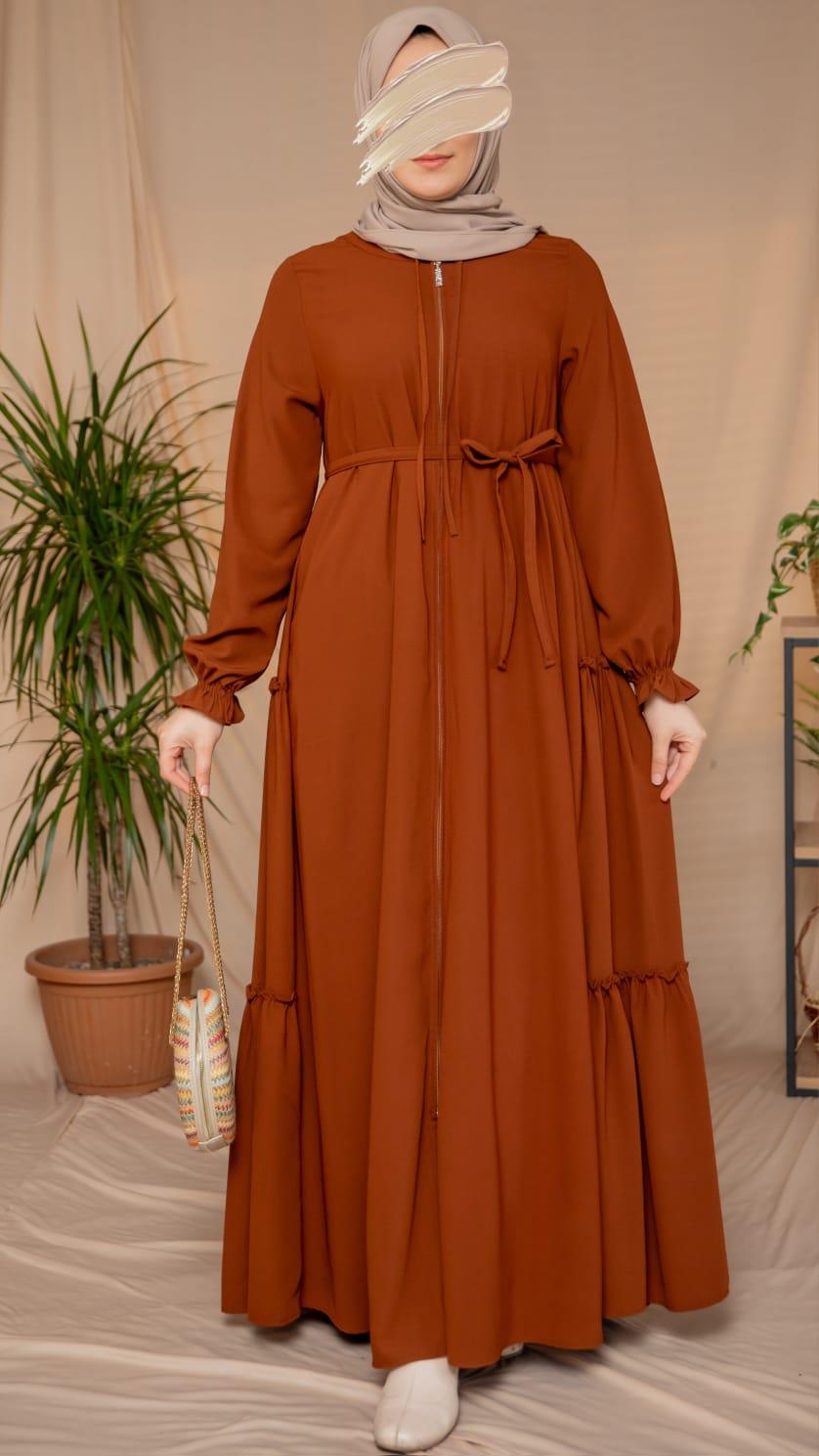 Kahverengi Yanları Katlı Kroş Elbise 5123