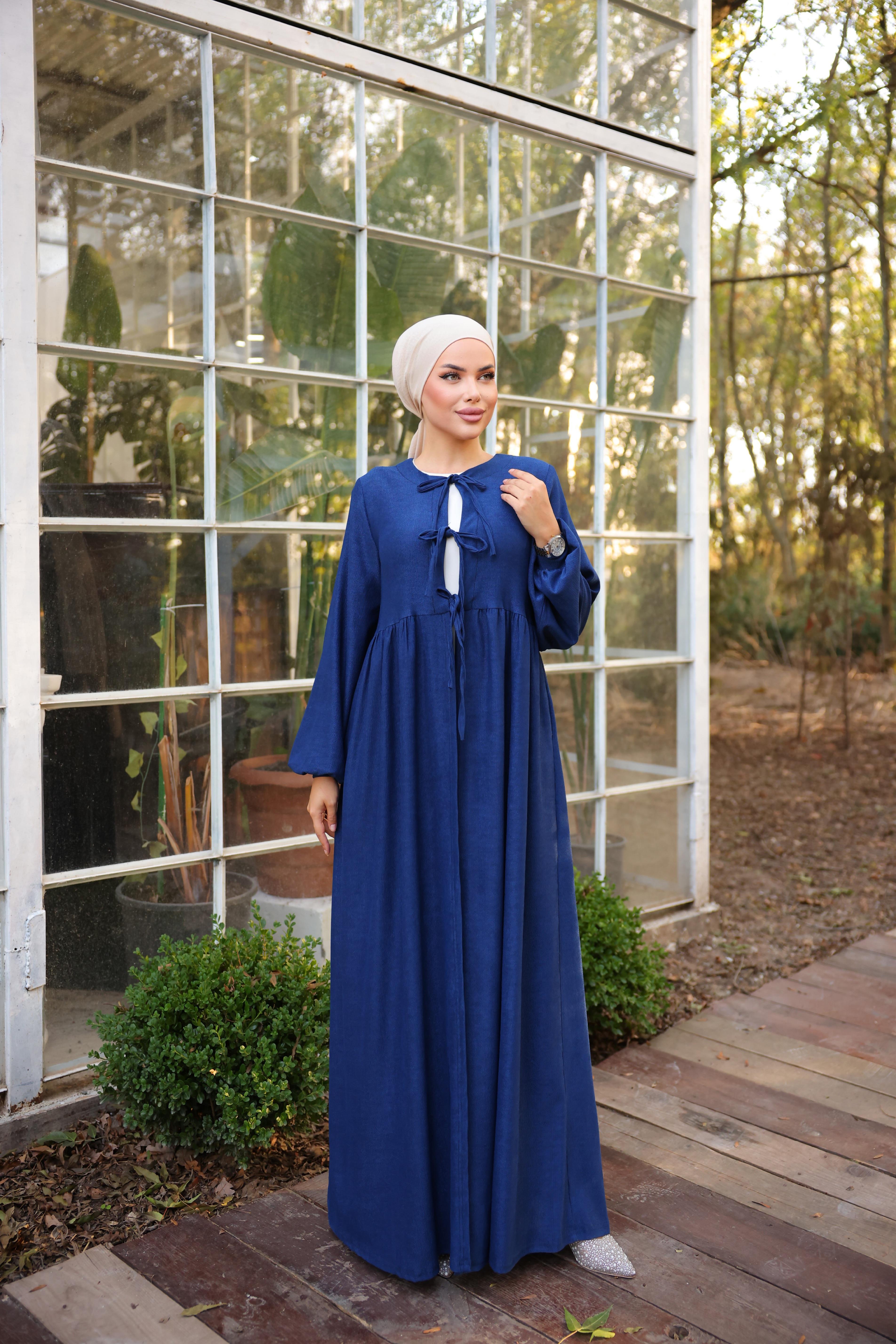 Lacivert Bel Büzgülü 3 Biyeli Tesettür Kimono 8024
