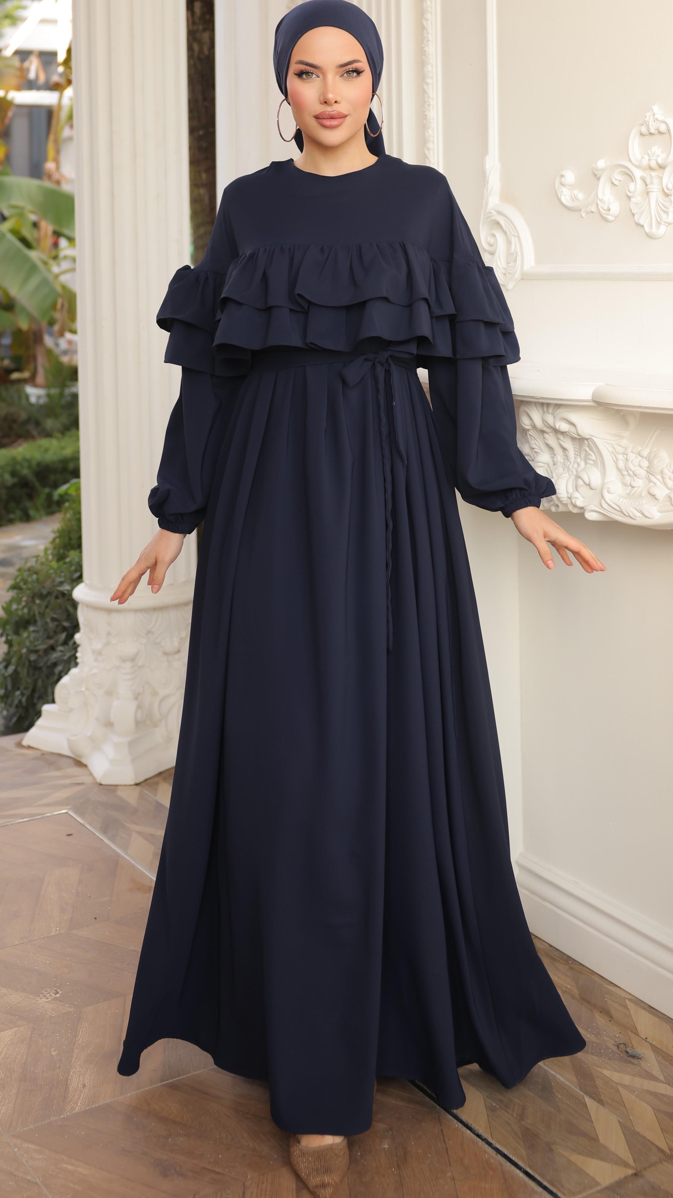 Lacivert Çift Fırfırlı Elbise 5068