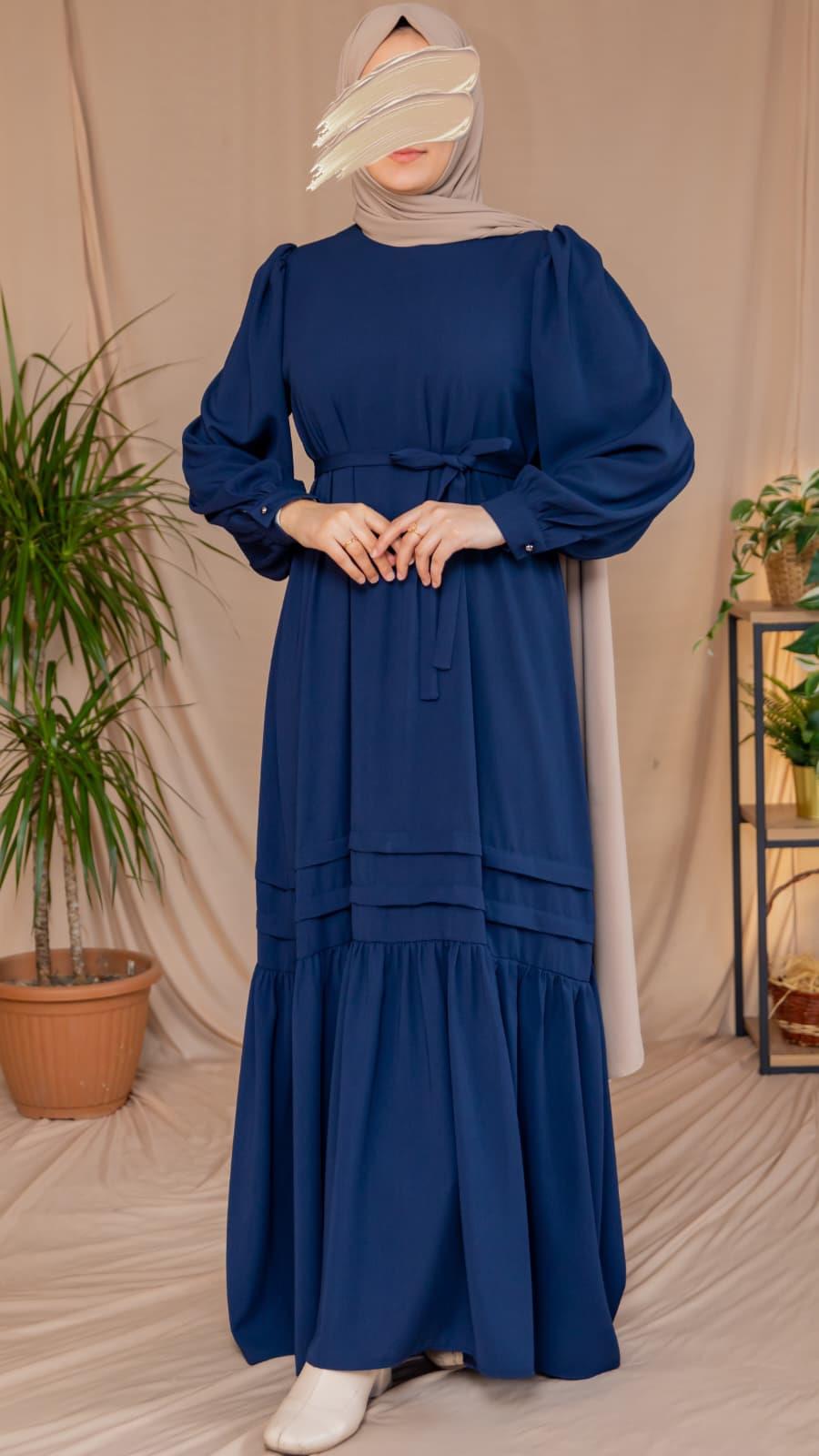 Lacivert Eteği Nervürlü Elbise 5124