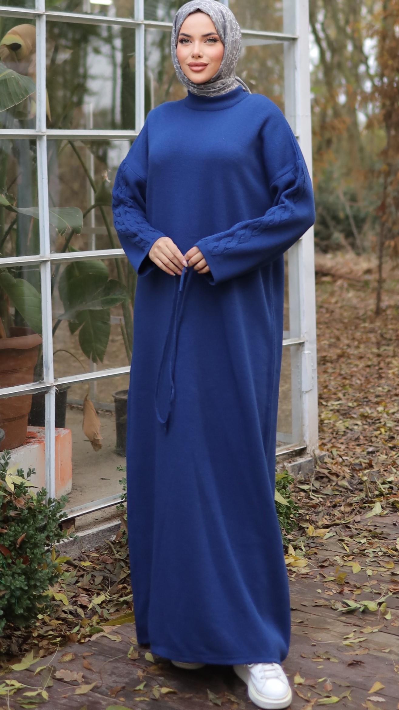 Lacivert Kolu Saç Örgülü Elbise 18206