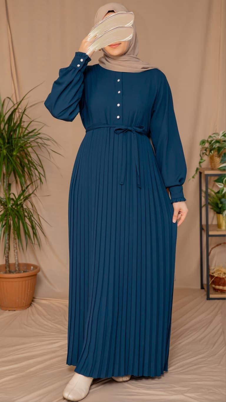 Lacivert Pliseli elbise 5129