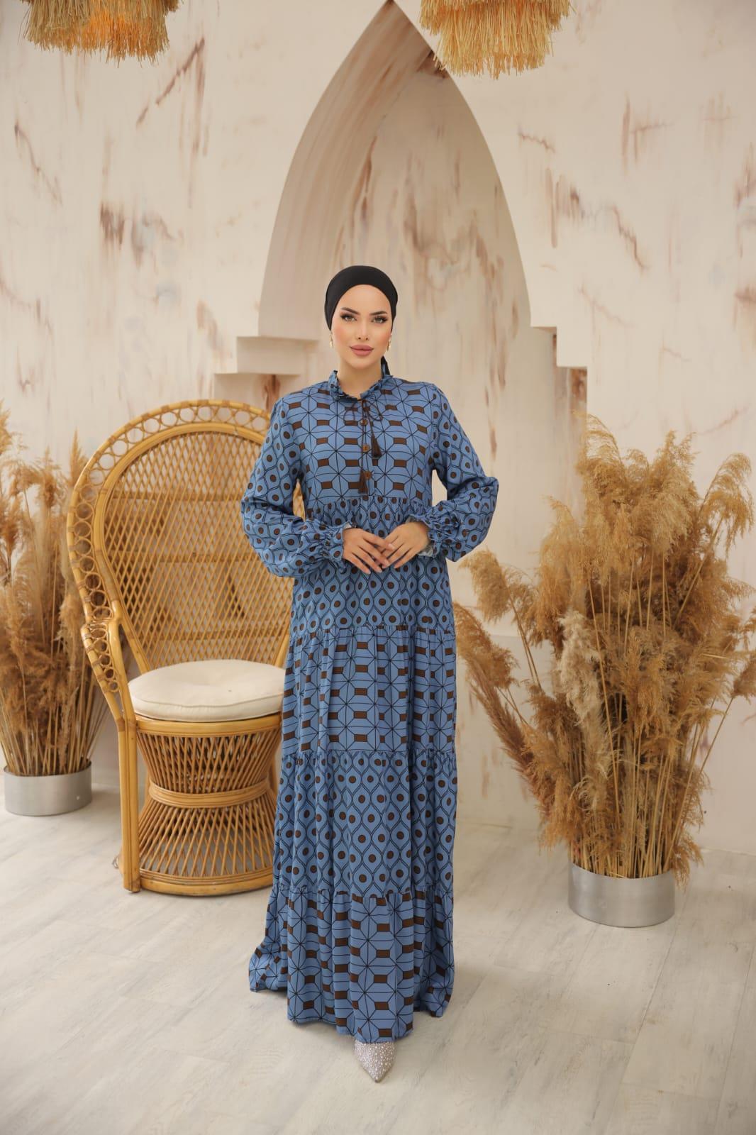 Mavi Belmando Kumaş Parçalı Uzun Tesettür Elbise Fdl1895