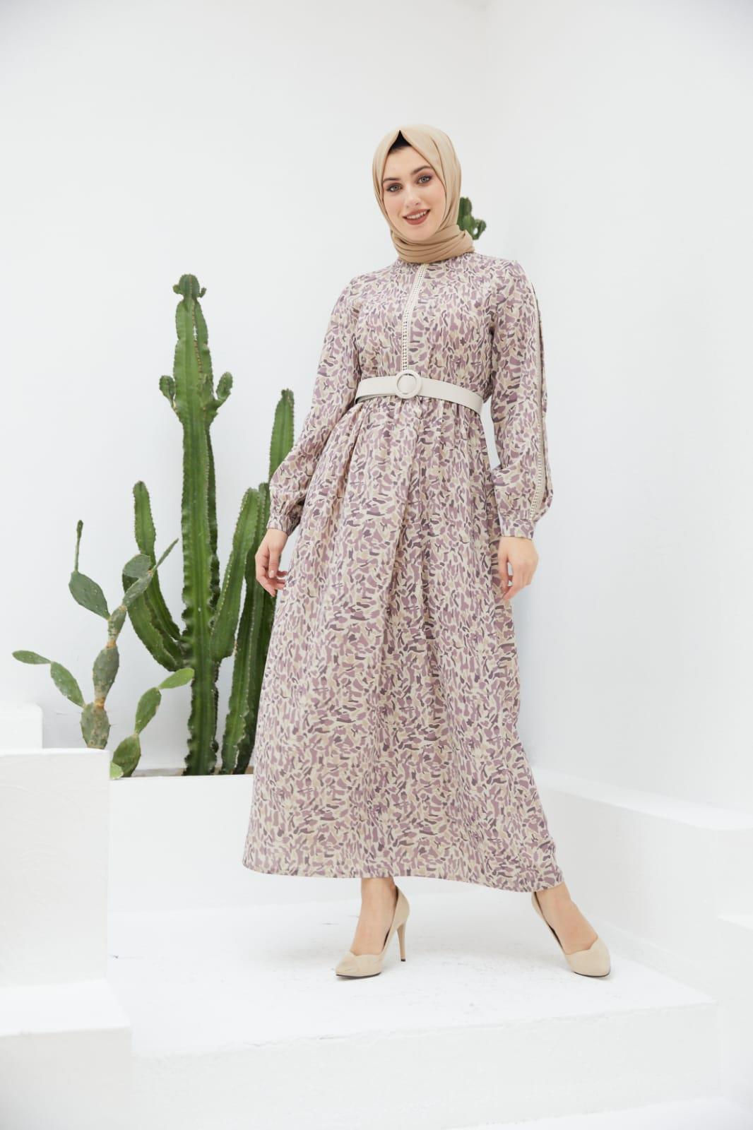 Mor Dokuma Kol Detaylı Uzun Tesettür Elbise Fdl1409