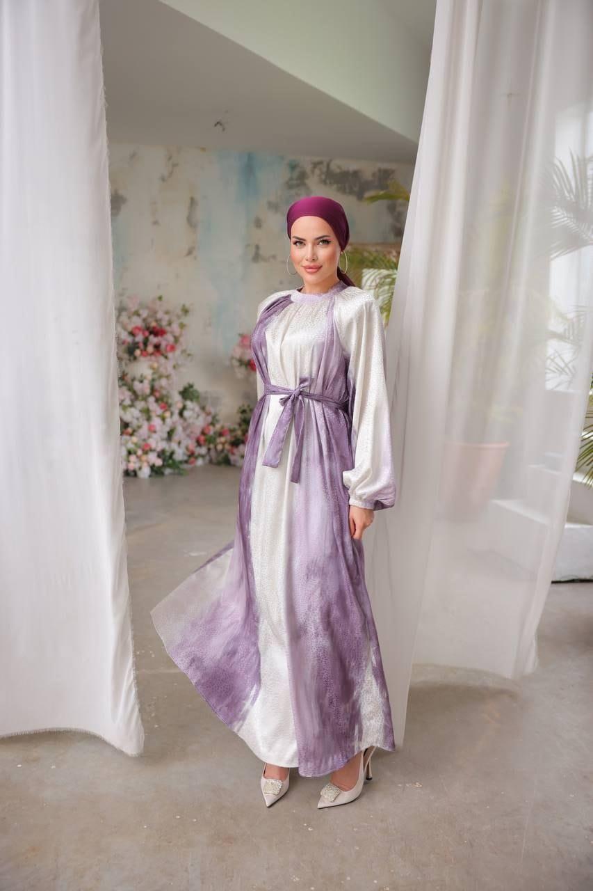 Mor Saten Jaccar Desenli Uzun Tesettür Elbise Fdl1861