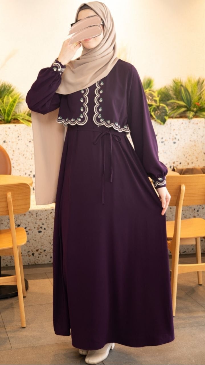 Mürdüm Ön Aller ve Nakışlı Elbise 5134