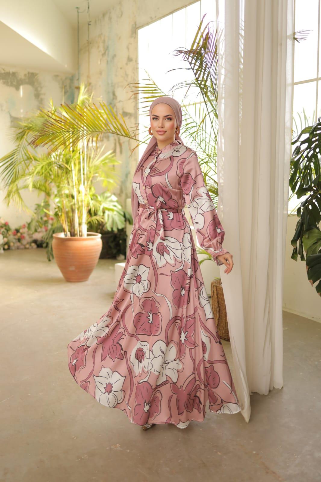 Pembe Çiçek Desenli Uzun Tesettür Elbise Fdl1565