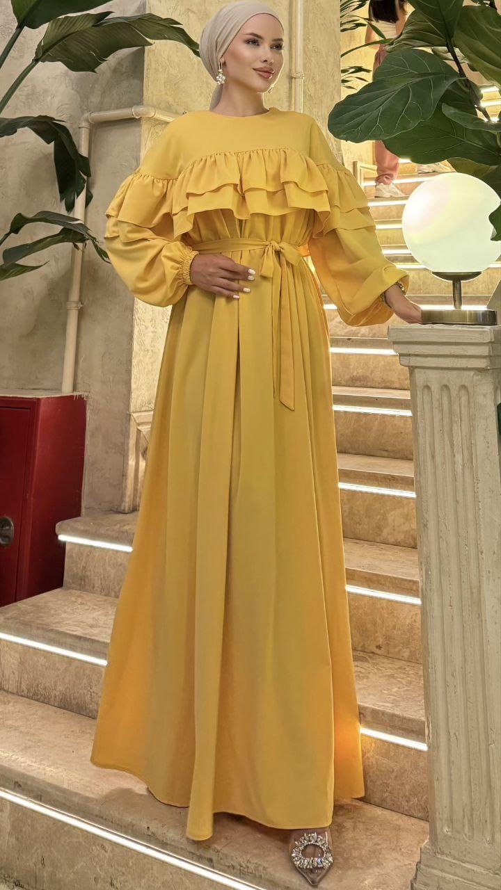 Sarı Çift Fırfırlı Elbise 5068