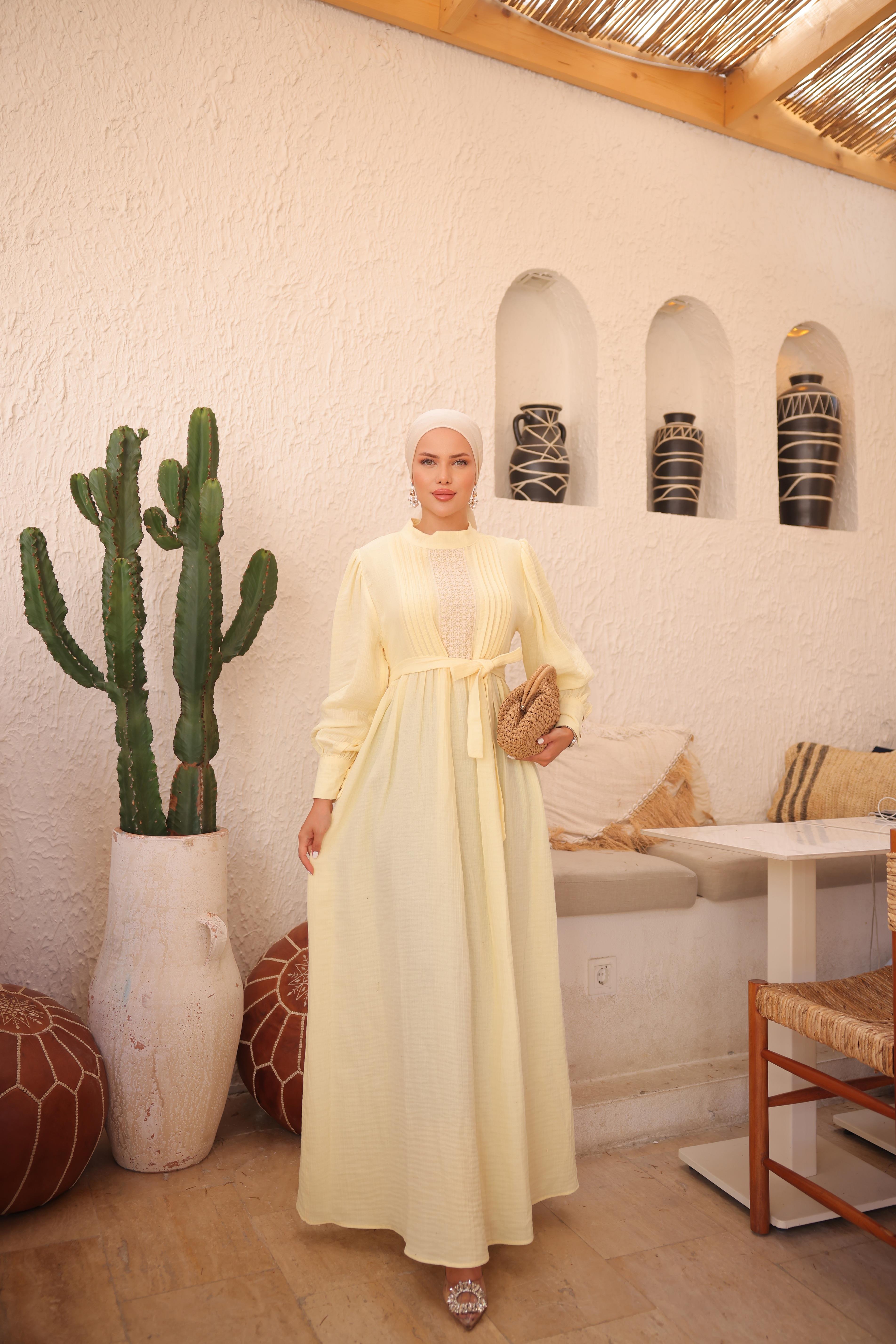 Sarı Dantel ve Nervürlü Elbise 5087
