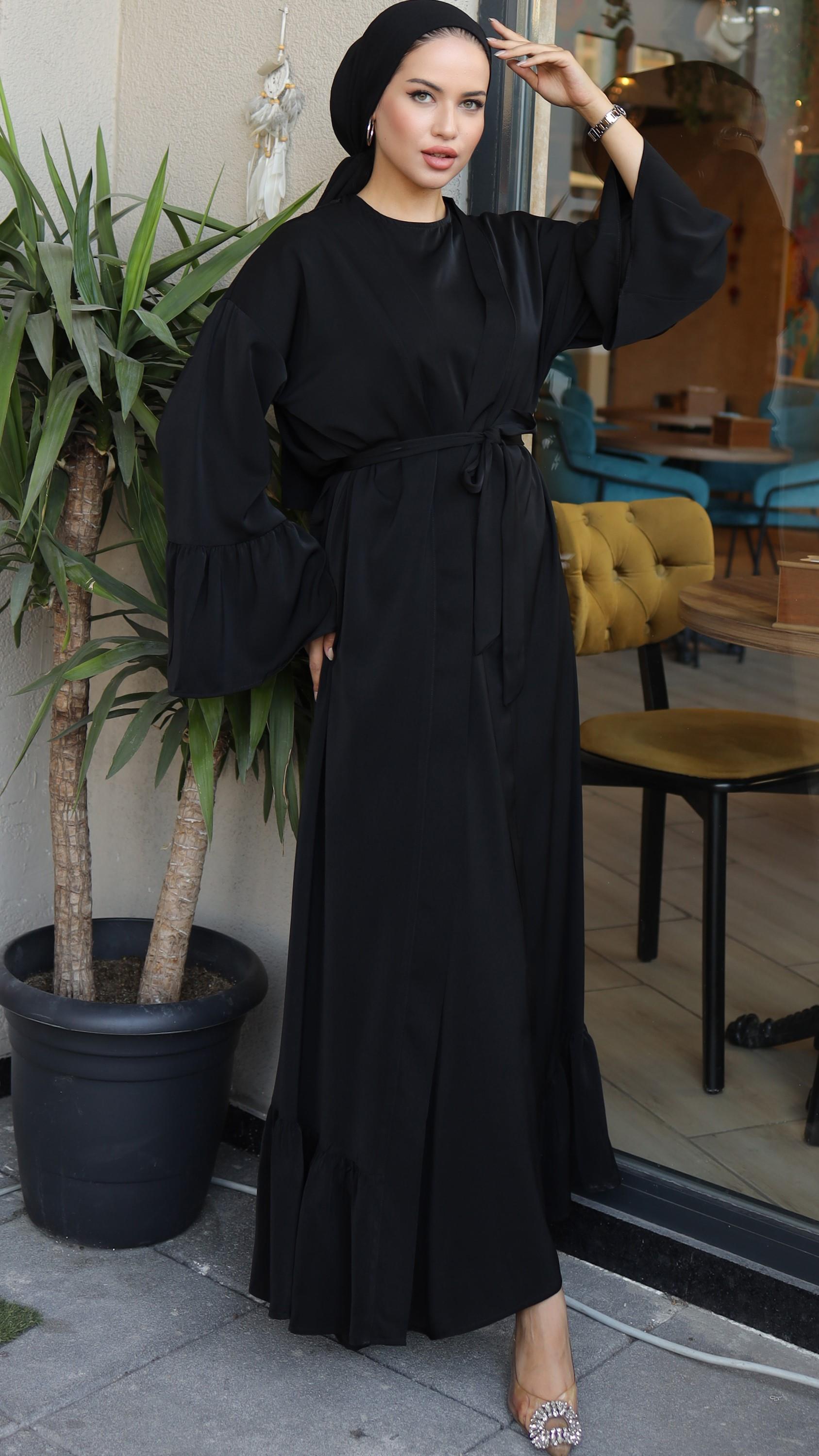Siyah Fırfırlı İkili Takım Abaya 5038